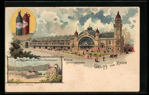 Lithographie Köln, Hauptbahnhof, Victoria Brunnen bei Oberlahnstein