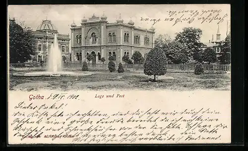 AK Gotha, Freimaurer Loge und Post mit Park und Springbrunnen
