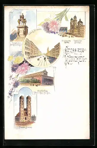 Lithographie München, Frauenkirche, Denkmal König Ludwig II., Feldherrn Halle