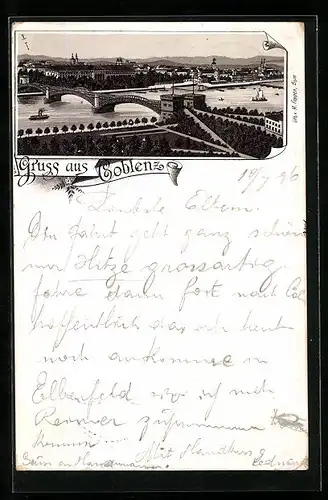 Lithographie Koblenz, Flusspartie mit Brücke