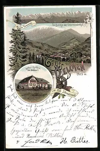 Lithographie Belchen i. Bad. Schwarzwald, Belchen-Rasthaus von Jos. Stiefvater, Untermünsterthal