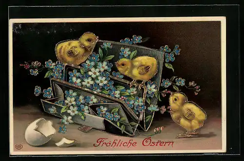 AK Osterküken im Beutel mit Vergissmeinnicht