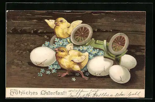 AK Osterküken mit umgekipptem Auto voller Vergissmeinnicht und Eiern
