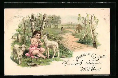 AK Osterengel spielt Flöte mit Lämmern im Grünen