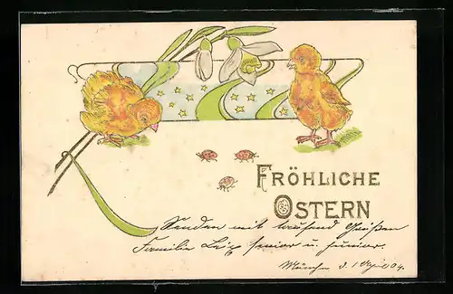 AK Osterküken mit Schneeglöckchen, Fröhliche Ostern