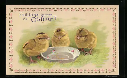 AK Osterküken mit Futterschale, Fröhliche Ostern