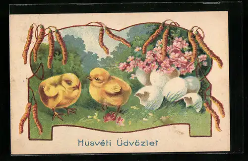 AK Osterküken mit Eierschalen und Blumen
