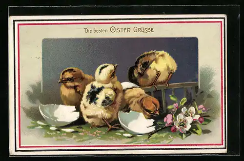 AK Schlüpfende Osterküken mit Blumen