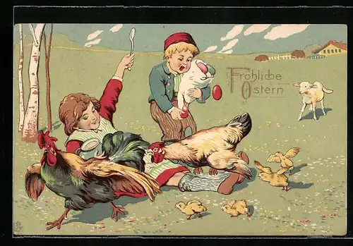 AK Kinder mit Hühnern und Osterküken