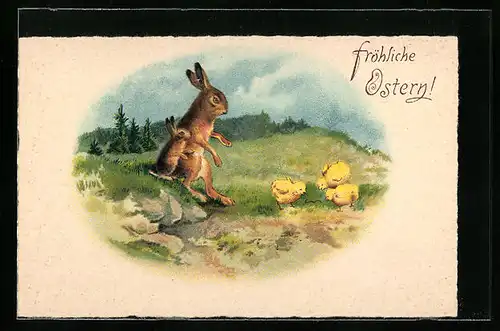AK Osterhasen und Osterküken wünschen fröhliche Ostern