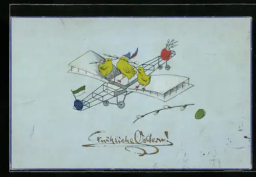 AK Osterküken auf Flugzeug
