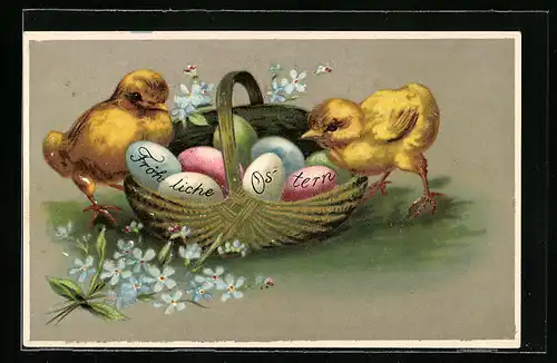 AK Osterküken mit Ostereiern im Korb