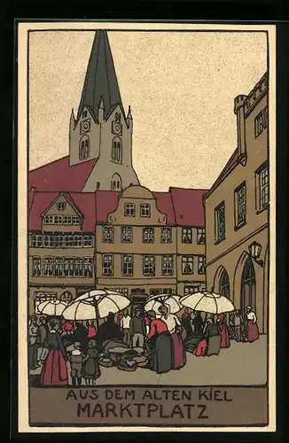 Steindruck-AK Kiel, Marktplatz in der Altstadt