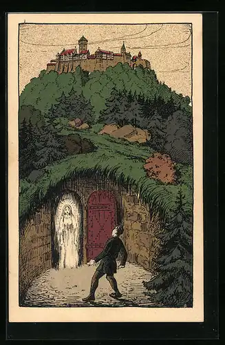 Steindruck-AK Bad Harzburg, Die weisse Jungfer von Harburg, Die Sage vom Kaiserbrunnen a.d. Burgberg