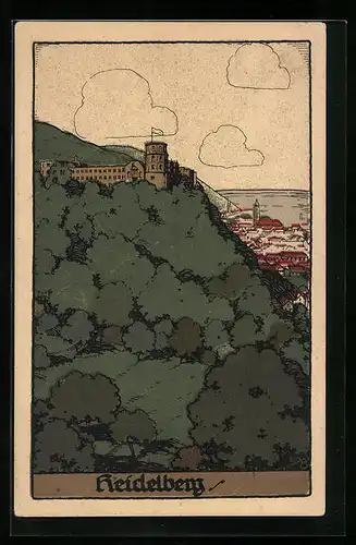 Steindruck-AK Heidelberg, Ortsansicht mit Burg