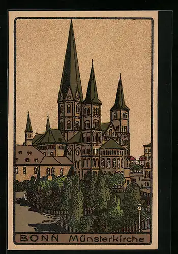 Steindruck-AK Bonn, Ansicht der Münsterkirche