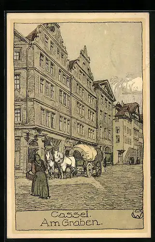 Steindruck-AK Cassel, Strasse Am Graben