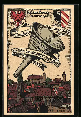 Steindruck-AK Nürnberg, Teilansicht, Nürnberger Trichter, Wappen