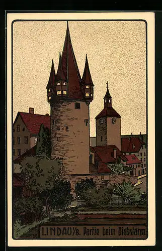 Steindruck-AK Lindau i. B., Partie beim Diebsturm