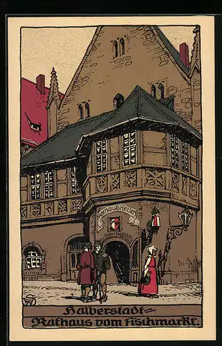 Steindruck-AK Halberstadt, Rathaus vom Fischmarkt, Gasthaus Rathauskeller