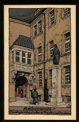 Steindruck-AK Halberstadt, Landgericht u. Eyke v. Repkow Denkmal