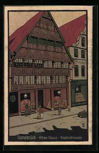 Steindruck-AK Osnabrück, Altes Haus, Krahnstrasse