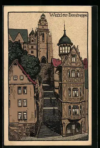 Steindruck-AK Wetzlar, Ansicht der Domtreppe