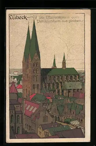 Steindruck-AK Lübeck, Marienkirche vom Petrikirchturm aus gesehen
