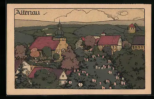 Steindruck-AK Altenau, Teilansicht mit Kirche