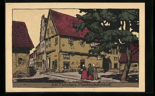 Steindruck-AK Minden, Strassenpartie am Martinikirchhof