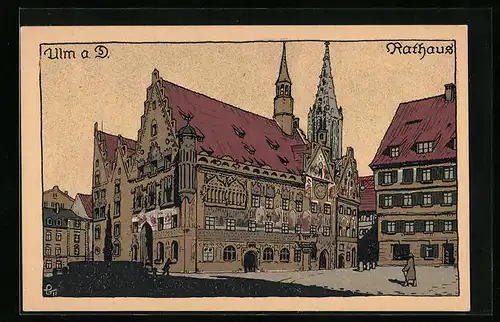 Steindruck-AK Ulm a. D., Darstellung vom Rathaus
