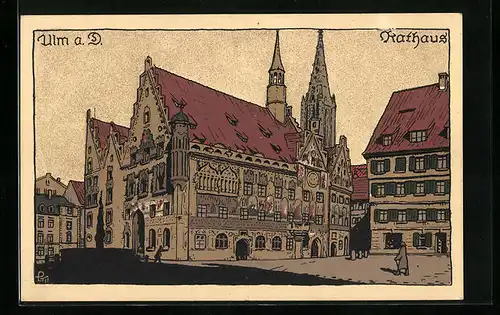 Steindruck-AK Ulm a. D., Ansicht vom Rathaus