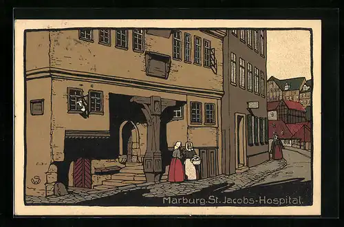 Steindruck-AK Marburg, St. Jacobs-Hospital