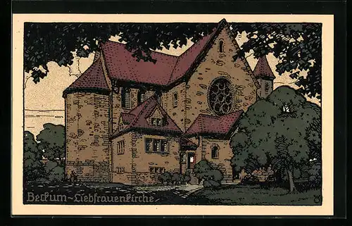 Steindruck-AK Beckum, Darstellung der Liebfrauenkirche