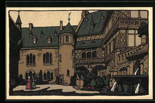 Steindruck-AK Wernigerode, Im Schlosshof