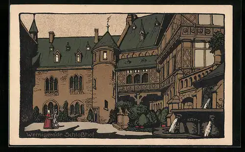 Steindruck-AK Wernigerode, Idyll im Schlosshof