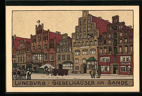 Steindruck-AK Lüneburg, Giebelhäuser am Sande