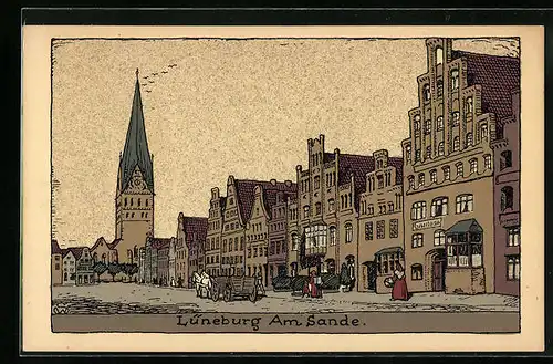 Steindruck-AK Lüneburg, Giebelhäuser am Sande, Blick zur Kirche