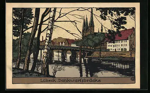 Steindruck-AK Lübeck, Idyll an der Dankwartsbrücke