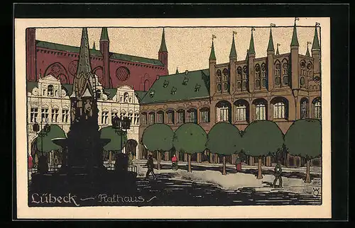 Steindruck-AK Lübeck, Am Rathaus