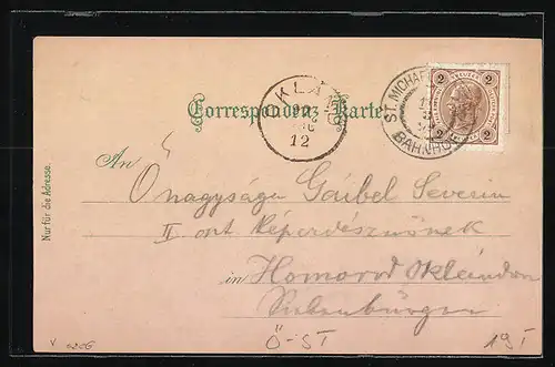 Lithographie St. Michael ob Leoben, Gesamtansicht mit Kirchturm und Bahnhof