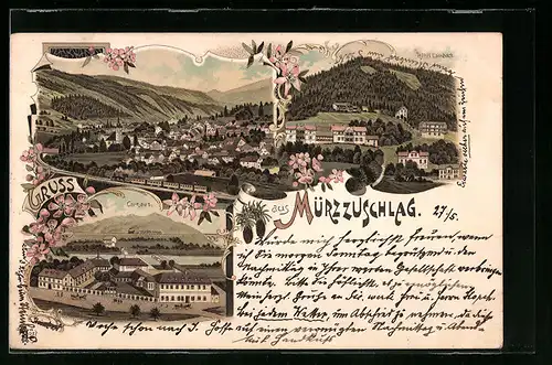 Lithographie Mürzzuschlag, Hotel Lambach, Kurhaus, Gesamtansicht aus der Vogelschau