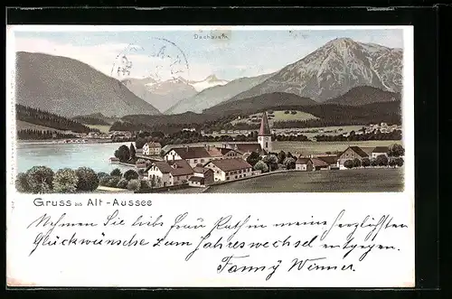 Lithographie Alt-Aussee, Ortschaft gegen Gebirgspanorama