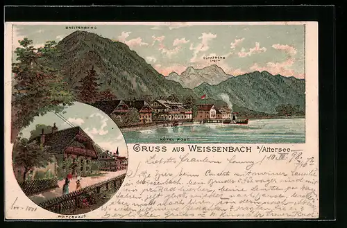 Lithographie Weissenbach a. Attersee, Hôtel Post mit Breitenberg und Schafberg, Wolterhaus