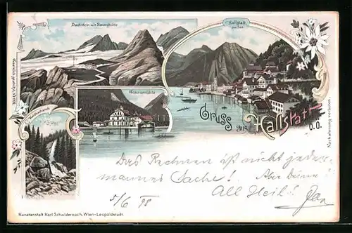 Lithographie Hallstatt, Ortsansicht mit See, Gosaumühle, Dachstein mit Simonyhütte