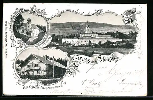 AK Schlägl, Stift aus der Vogelschau, Forsthaus in Ober-Haag