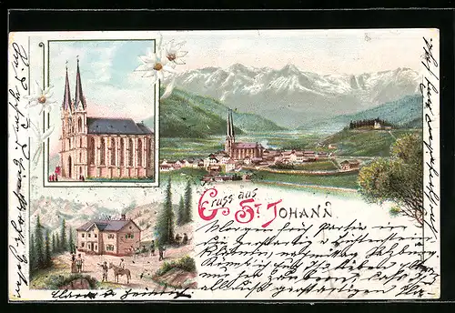 Lithographie St. Johann, Gesamtansicht, Kirche, Gasthaus