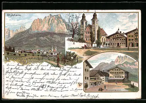 Lithographie St. Johann, Gesamtansicht, Ortspartie mit Kirche