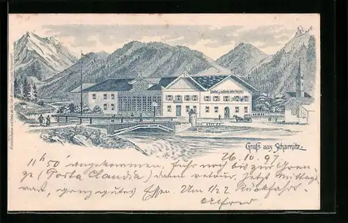 Lithographie Scharnitz, Flusspartie mit Gasthof zum goldenen Adler und Kirche