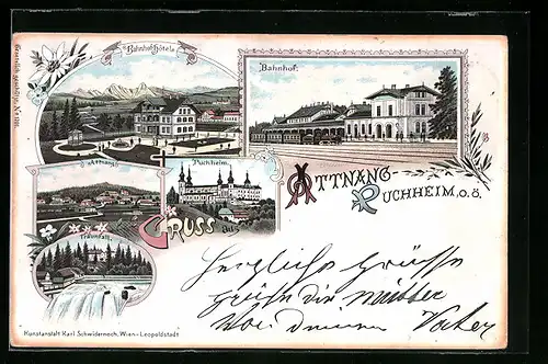 Lithographie Attnang-Puchheim, Bahnhof und Bahnhofs-Hotels, Schloss Puchheim, Ortsansicht Attnang